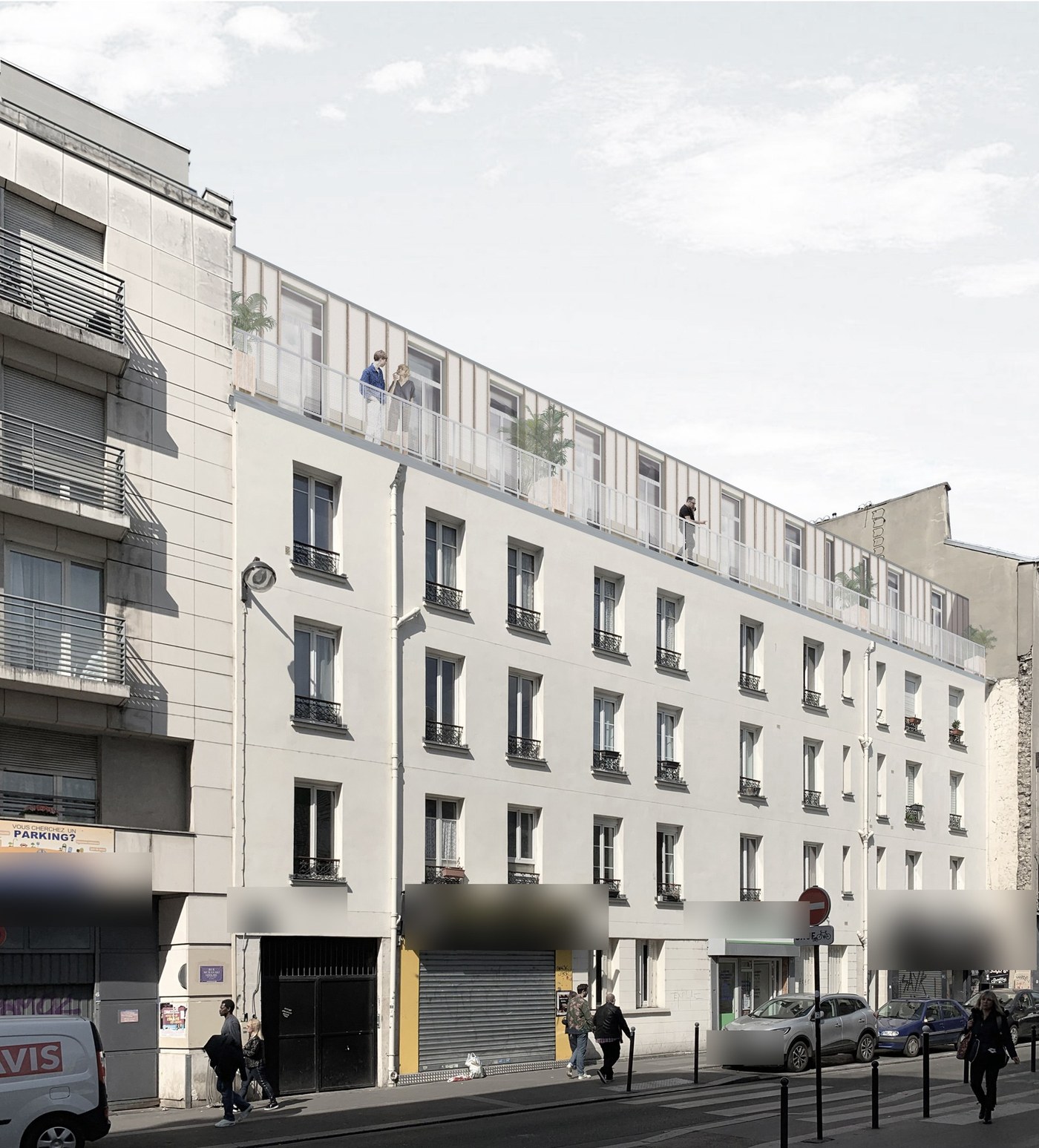 Vue 3D d'une surélévation en ossature bois, Paris 19e